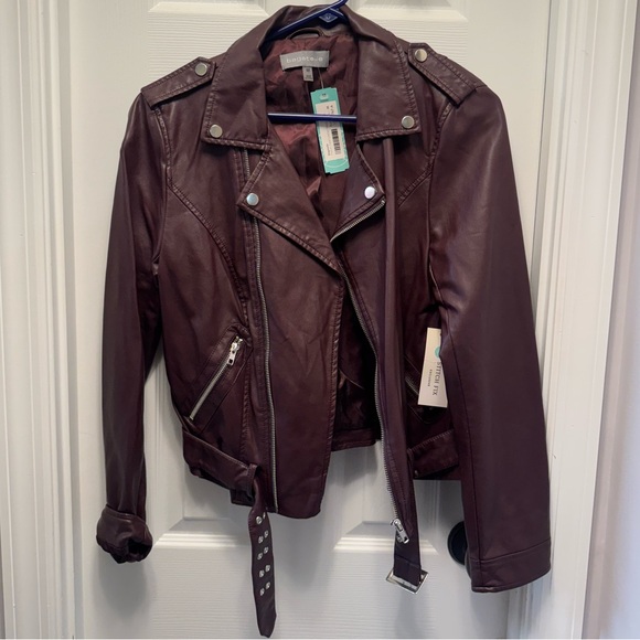 bagatelle Jackets & Blazers - Bagatelle Burgundy Belted Moto Faux Leather Jacket Medium NWT